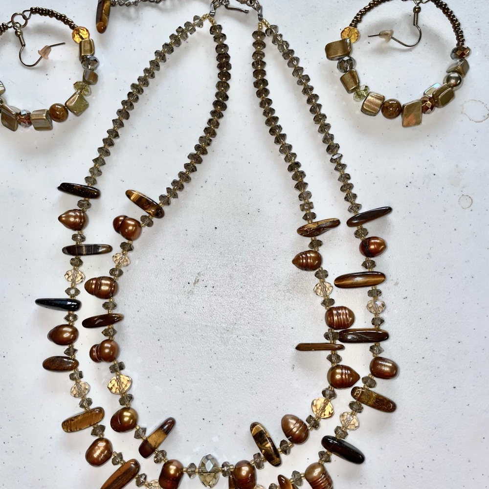 Elegant Brown Beaded stone beaded Necklace and Earring Set